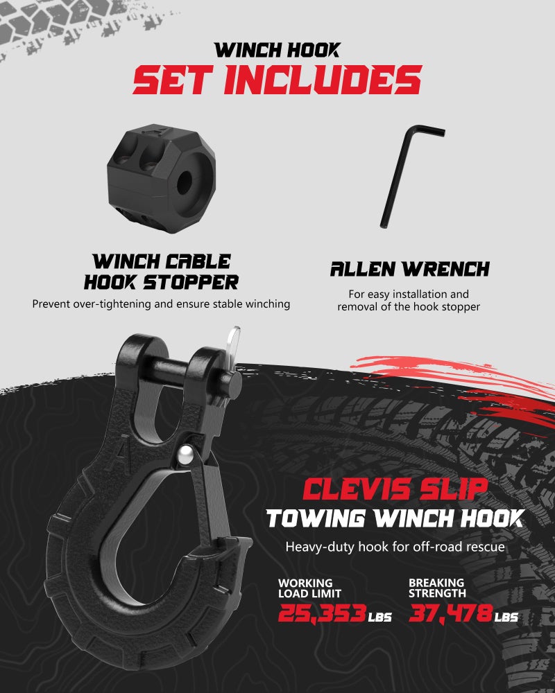 AMBULL 3/8" Winch Hook & Winch Cable Hook Stopper Sets, Heavy Duty Grade 70 Forged Steel Recovery Hook with Safety Latch, Included Allen Wrench,Max 37,478 Lbs, Black - Image 3